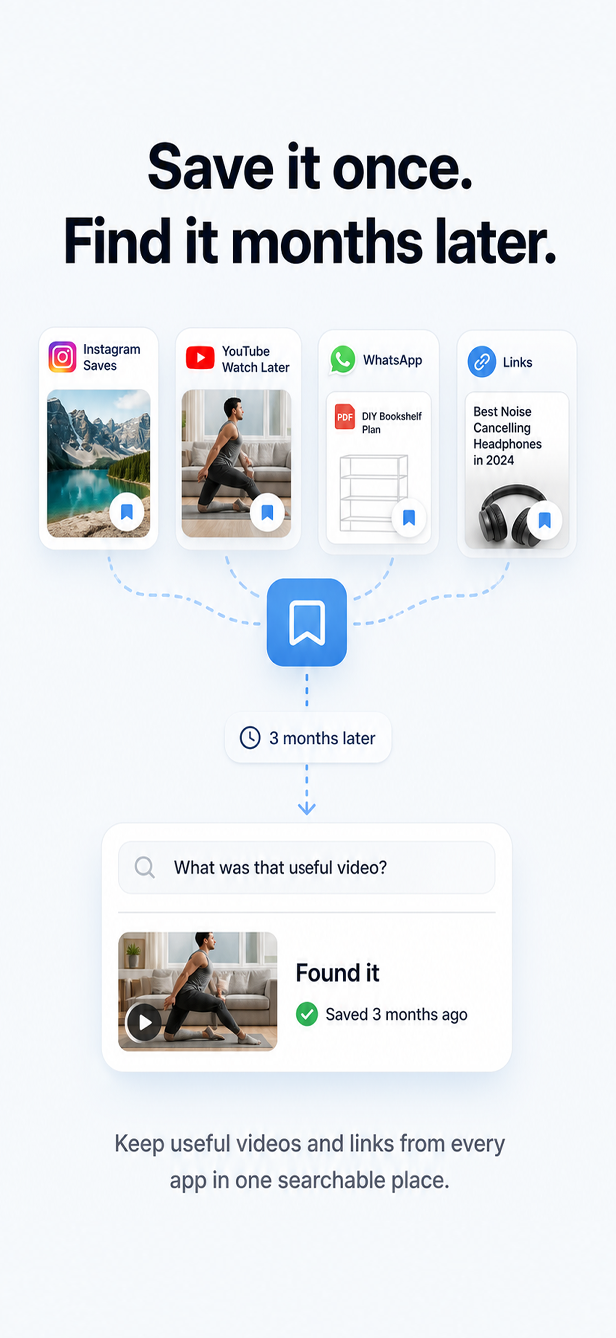 MemoryStore mobile app showing saved Instagram videos synced in a private library